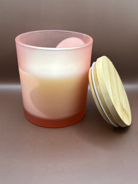 Scented 7oz Soy Wax Candles In A Frosted Pink Glass Candle Jar.